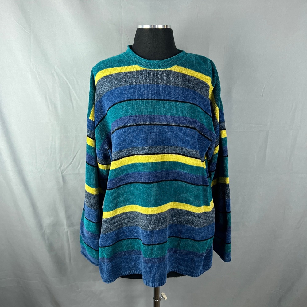 Karen Scott Sweater Women XL Multicolor Stripe Chenille Knit Side Slit Crew Neck
